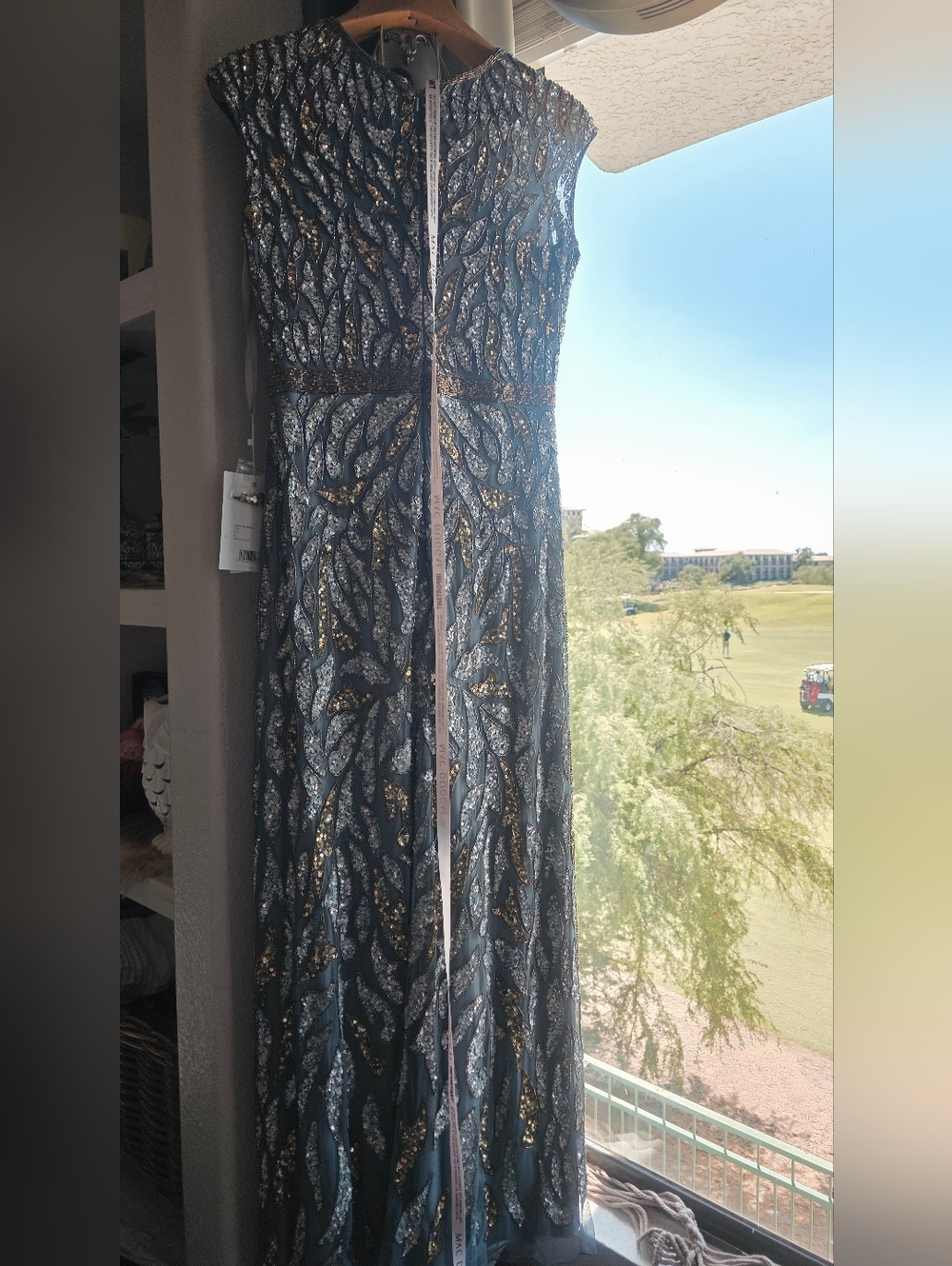 New Mac Duggal Silver-Gray Sequin Embellished Evening Gown with Gold Accents 10 - Picture 6 of 13